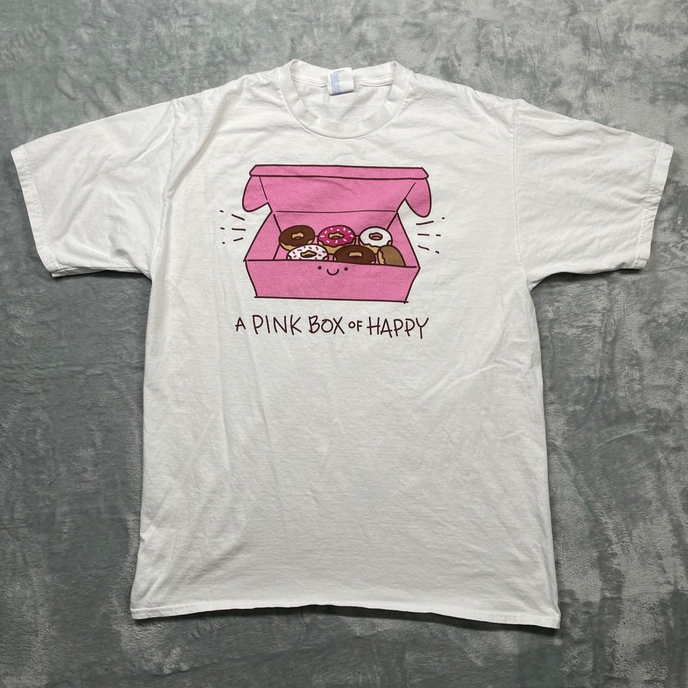 A Pink Box of Happy Donuts T-Shirt Mens‎  Port & Company Graphic Tee Large White